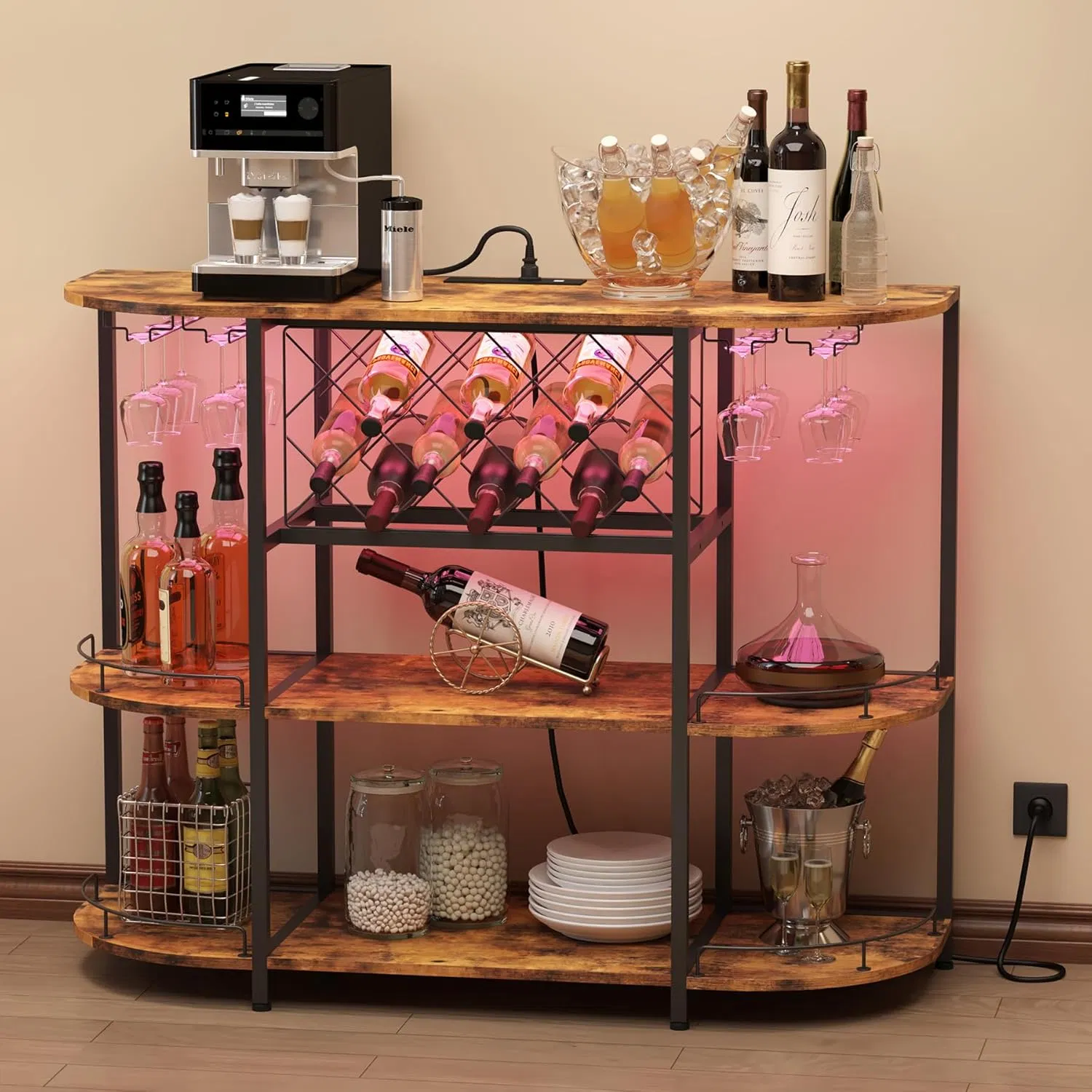 Multi-Tier Industrial Bar Cabinet with LED Light &amp; Wine Glass Storage Holders