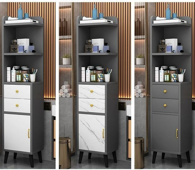 Modern Right Colour MDF Floor Mount Freestanding Linen Tower Cabinet Kitchen Tall Storage Cupboard with Door 2 Drawer and 3 Layer Open Shelves in Bathroom