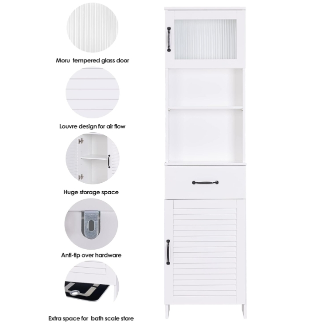 Bathroom Storage Cabinet, Floor Narrow Linen Cabinet with Single Door and Drawers