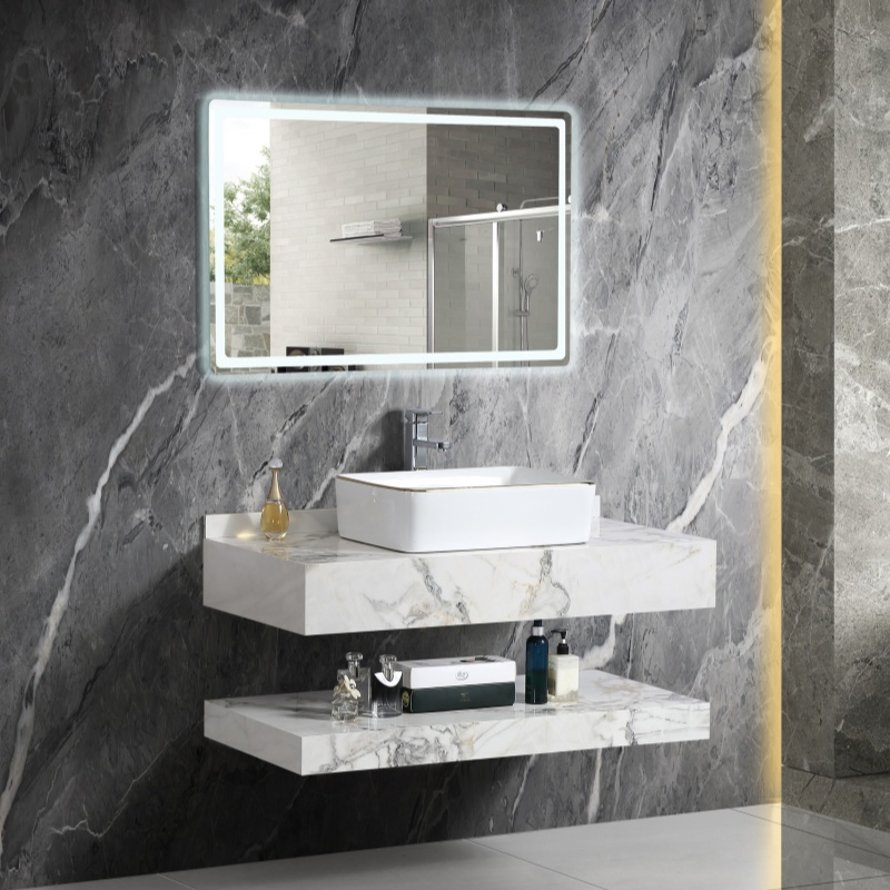 Double Single Wall Mounted White Marble Sintered Stone Cabinet Wash Basin Floating Bathroom Vanities with Mirror