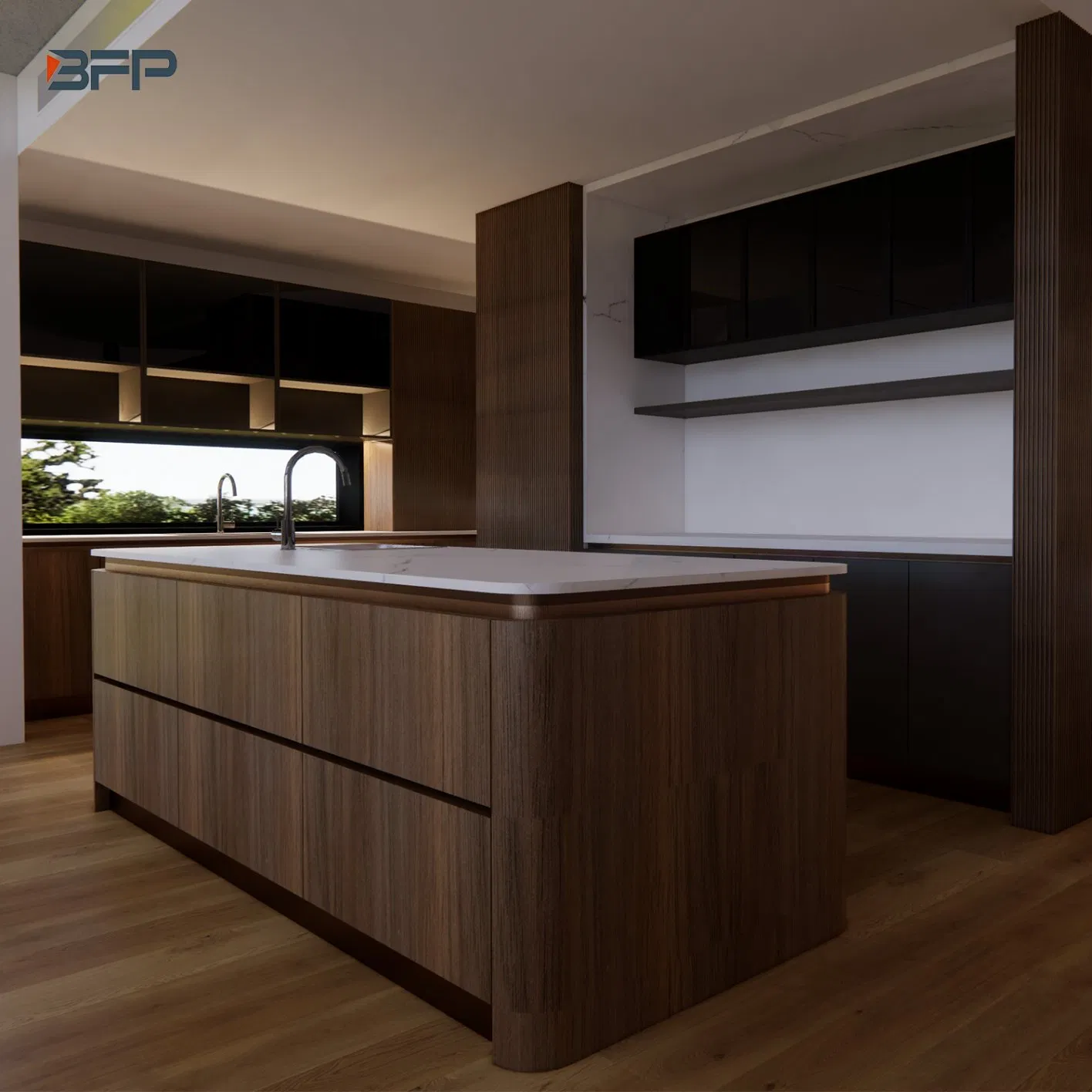 Minimalist Natural Wood Finish Glass Door Kitchen Cabinet with Elegant Curved Island