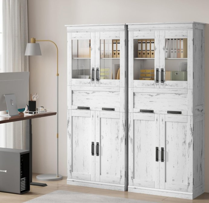 Storage Cabinet with Glass Doors and Adjustable Shelves, Linen Cabinet with Drawer White