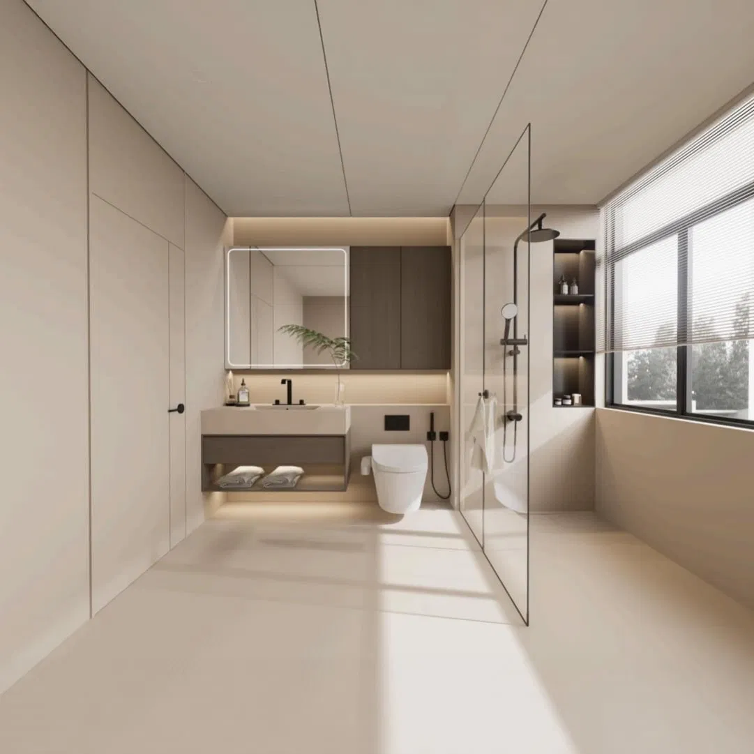 Old Money Style Bathroom Linen Cabinet Using HPL Board and Satin Lacquered Finish Featuring No Straightener Required