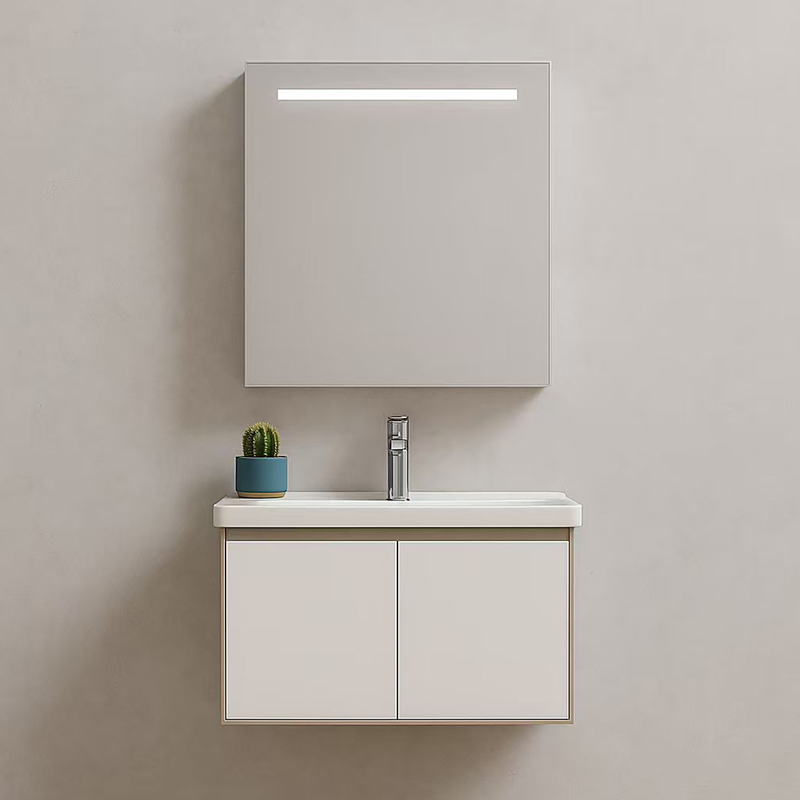 Modern Minimalist PVC Bathroom Vanity Set Water-Resistant Includes Lighted Mirror Glossy Ceramic Basin Floating Waterproof