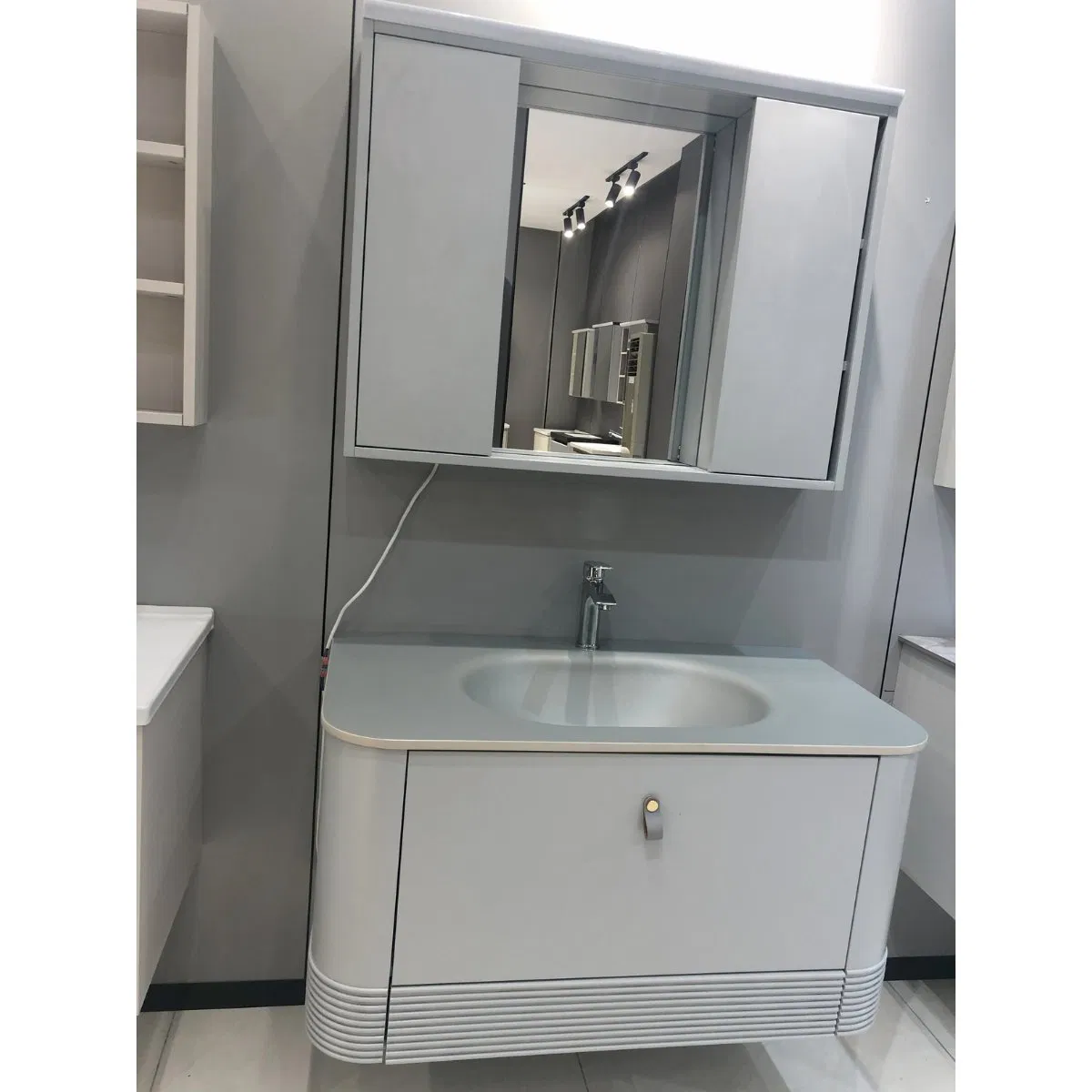 Solid Pine Bathroom Vanity Set-Double Sink, Natural Finish &amp; Open-Shelf Mirror with Hooks