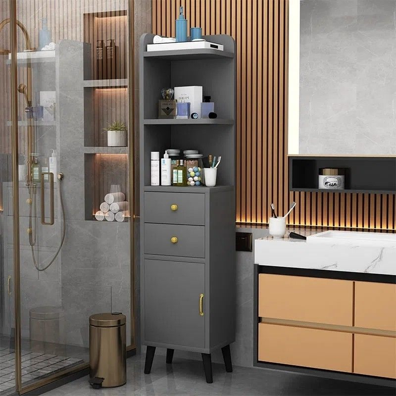 Modern Right Colour MDF Floor Mount Freestanding Linen Tower Cabinet Kitchen Tall Storage Cupboard with Door 2 Drawer and 3 Layer Open Shelves in Bathroom