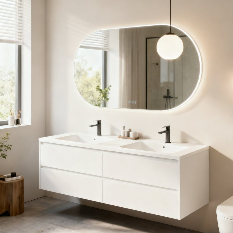 Wholesale Modern Floating Bathroom Vanity with Single Sink and LED Mirror for Hotel and Villa Furniture