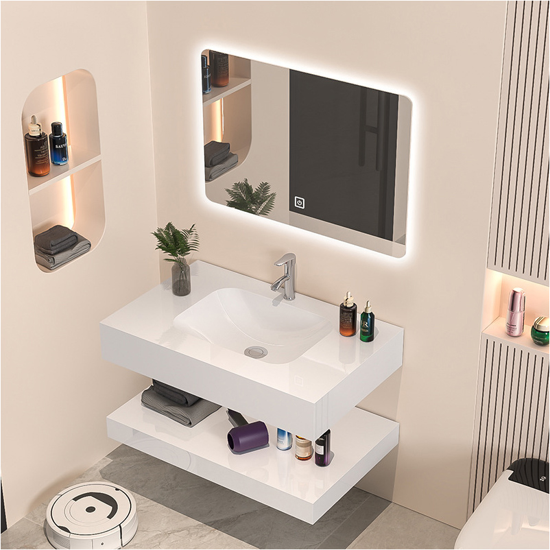 Minimalist Double Open Shelf Integrated Sink Waterproof LED Lighted Bathroom Vanity