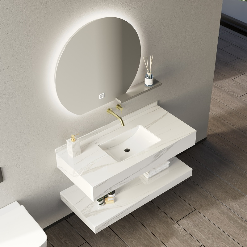 Customized Made Seamed Double Layer Sintered Stone Single Basin Bathroom Cabinets Sink Set Bathroom Vanity for Hotel Furniture