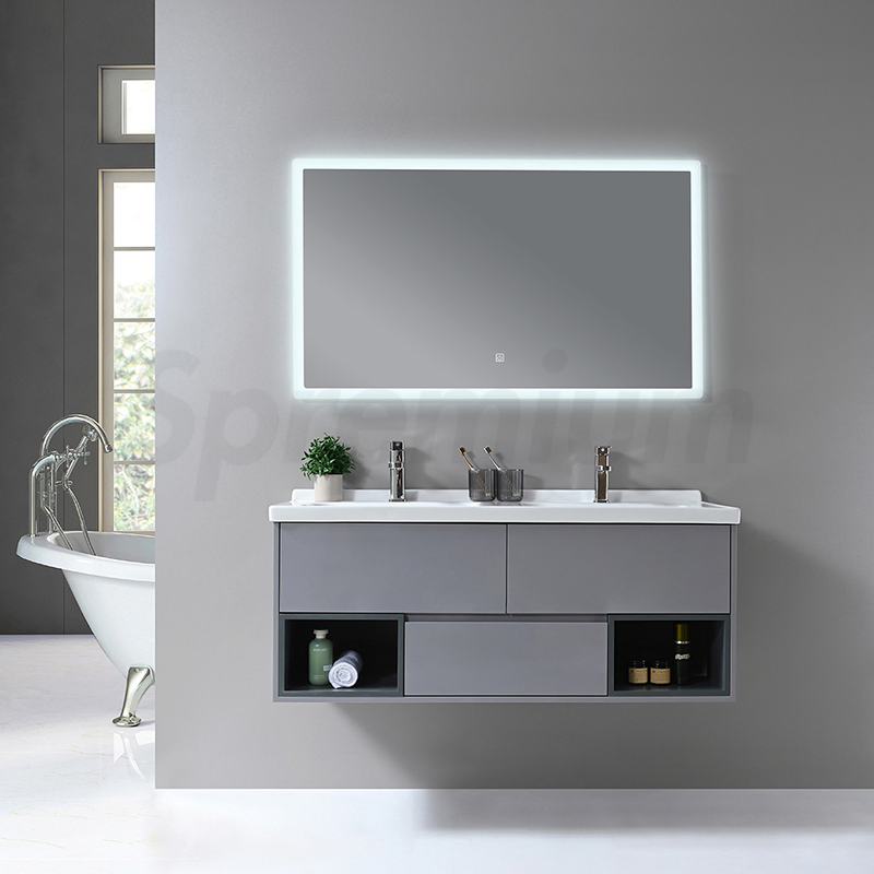 Grey Double Sink Modern Fancy Wall Bathroom Cabinet Vanity with LED Mirror