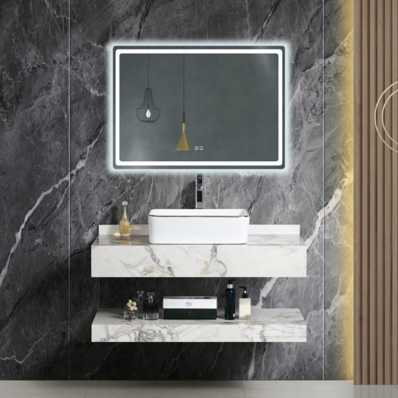 Double Single Wall Mounted White Marble Sintered Stone Cabinet Wash Basin Floating Bathroom Vanities with Mirror