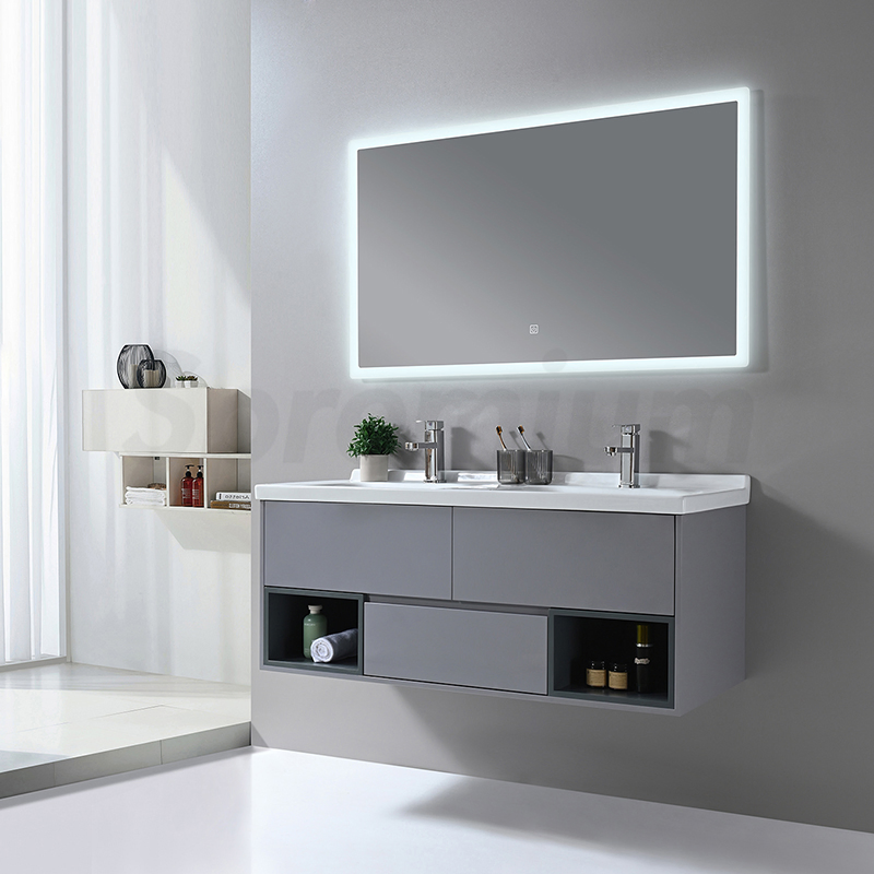 Grey Double Sink Modern Fancy Wall Bathroom Cabinet Vanity with LED Mirror