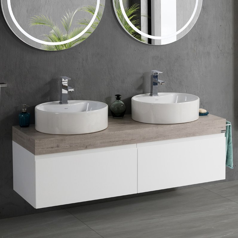 Floating Mounted Bathroom Cabinet Simple European Style Luxury White Ceramic Basin Bathroom Vanity with LED Mirror