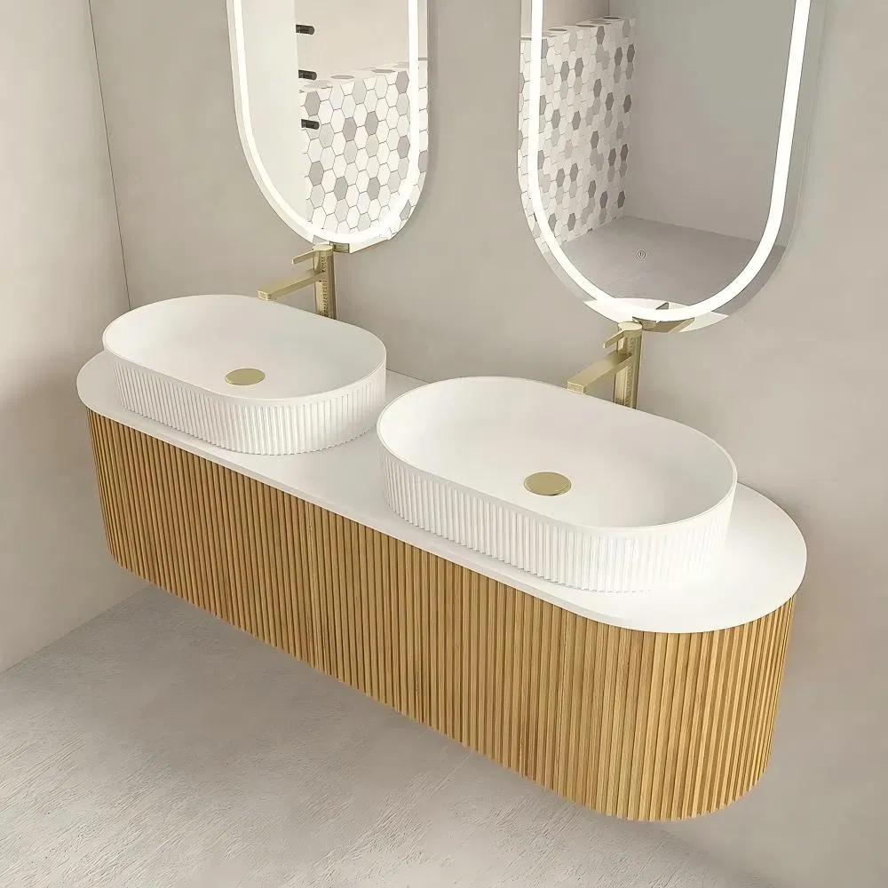 Wooden Ribbed Floating Vanity with LED Oval Mirror &amp; Gold Faucet