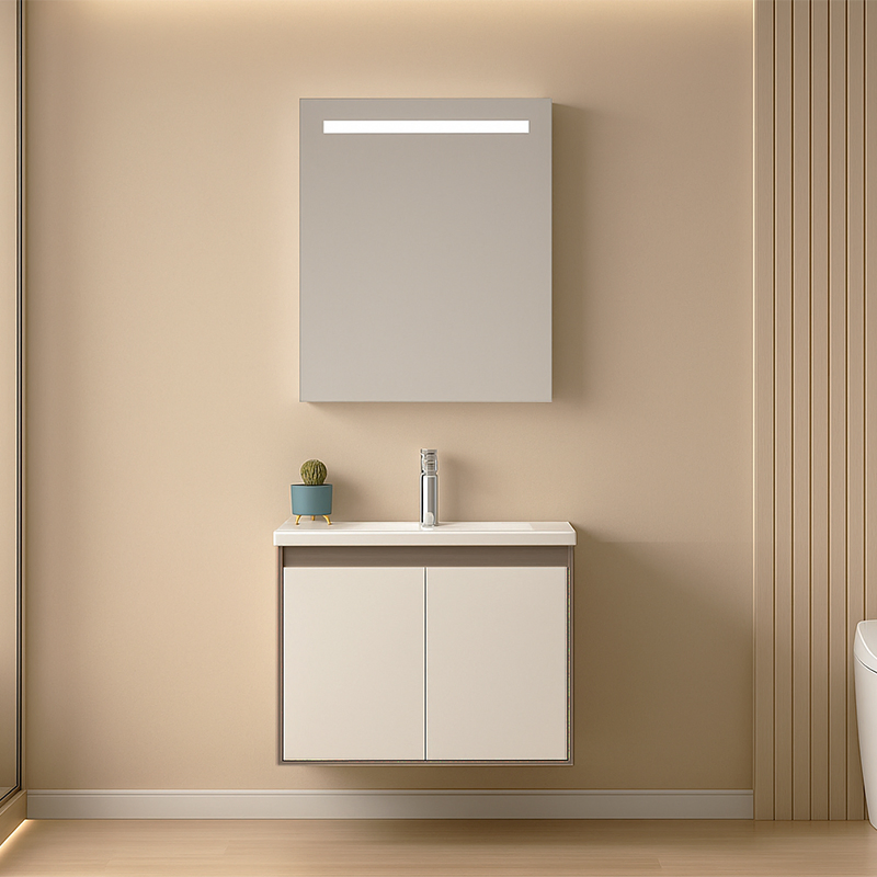 Modern Minimalist PVC Bathroom Vanity Set Water-Resistant Includes Lighted Mirror Glossy Ceramic Basin Floating Waterproof