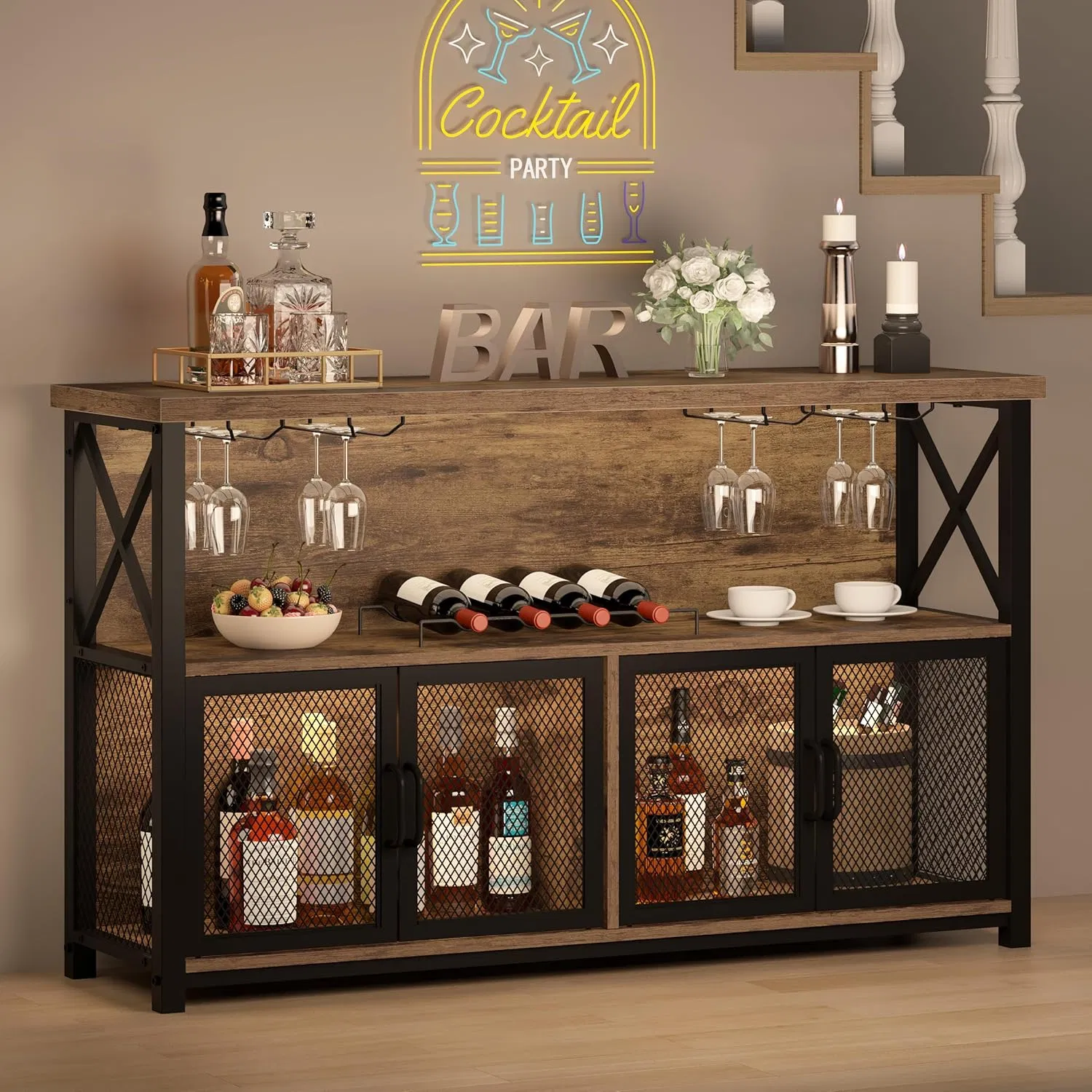 Vintage Wood-Metal Bar Cabinet with Wine Storage &amp; Glass Holder