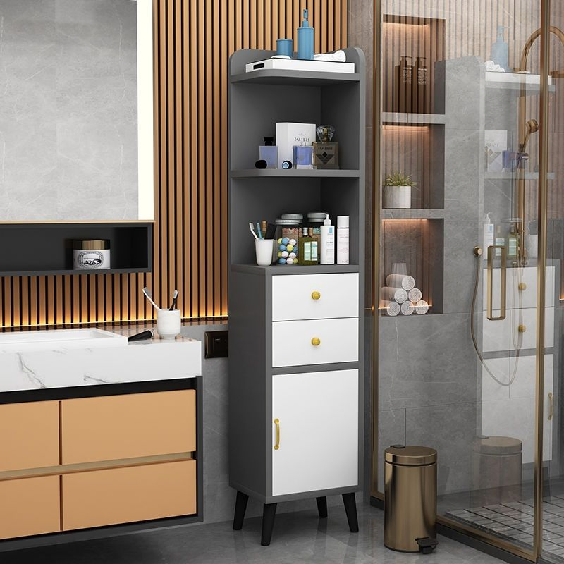 Modern Right Colour MDF Floor Mount Freestanding Linen Tower Cabinet Kitchen Tall Storage Cupboard with Door 2 Drawer and 3 Layer Open Shelves in Bathroom
