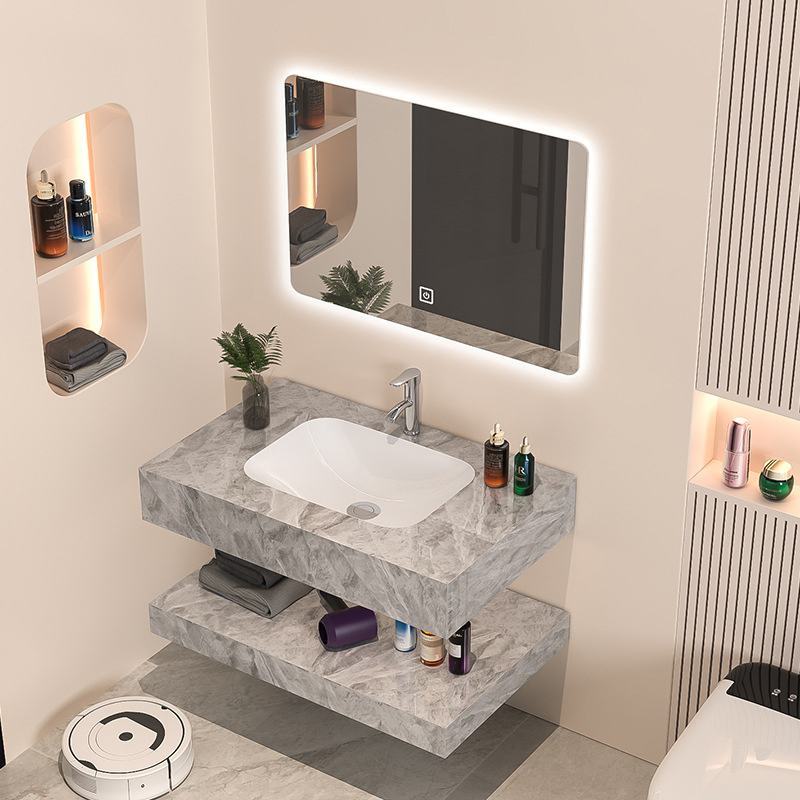 Wall Mounted Floating Modern White Waterproof Surface Integrated Sink Double Shelf LED Lighted Bathroom Vanity