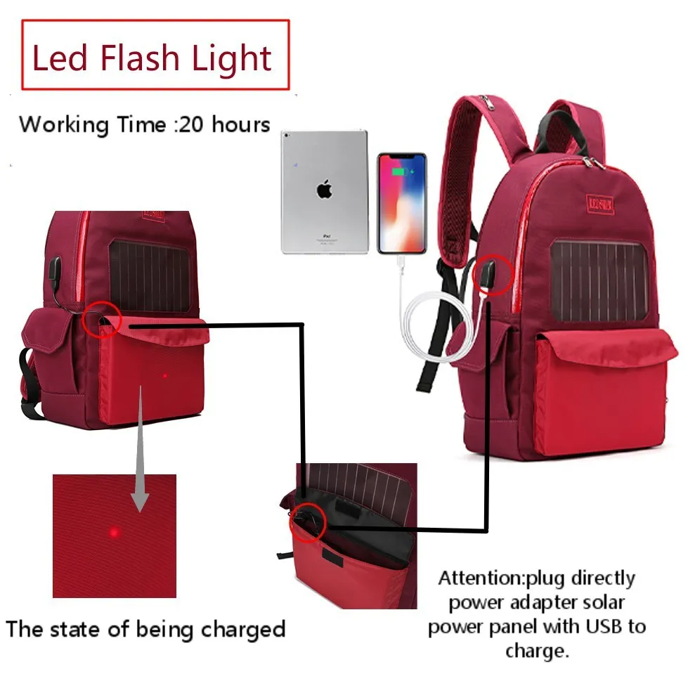Fashion Design Solar Panel Backpack Cycling Bike Safety LED Flash Light Backpack (RS190204-5)
