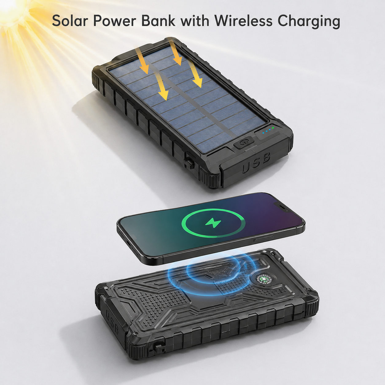 Solar Power Bank Wireless Charging PD QC Fast Charge Portable Charger Outdoor Power Bank With Emergency Camping LED Indicator