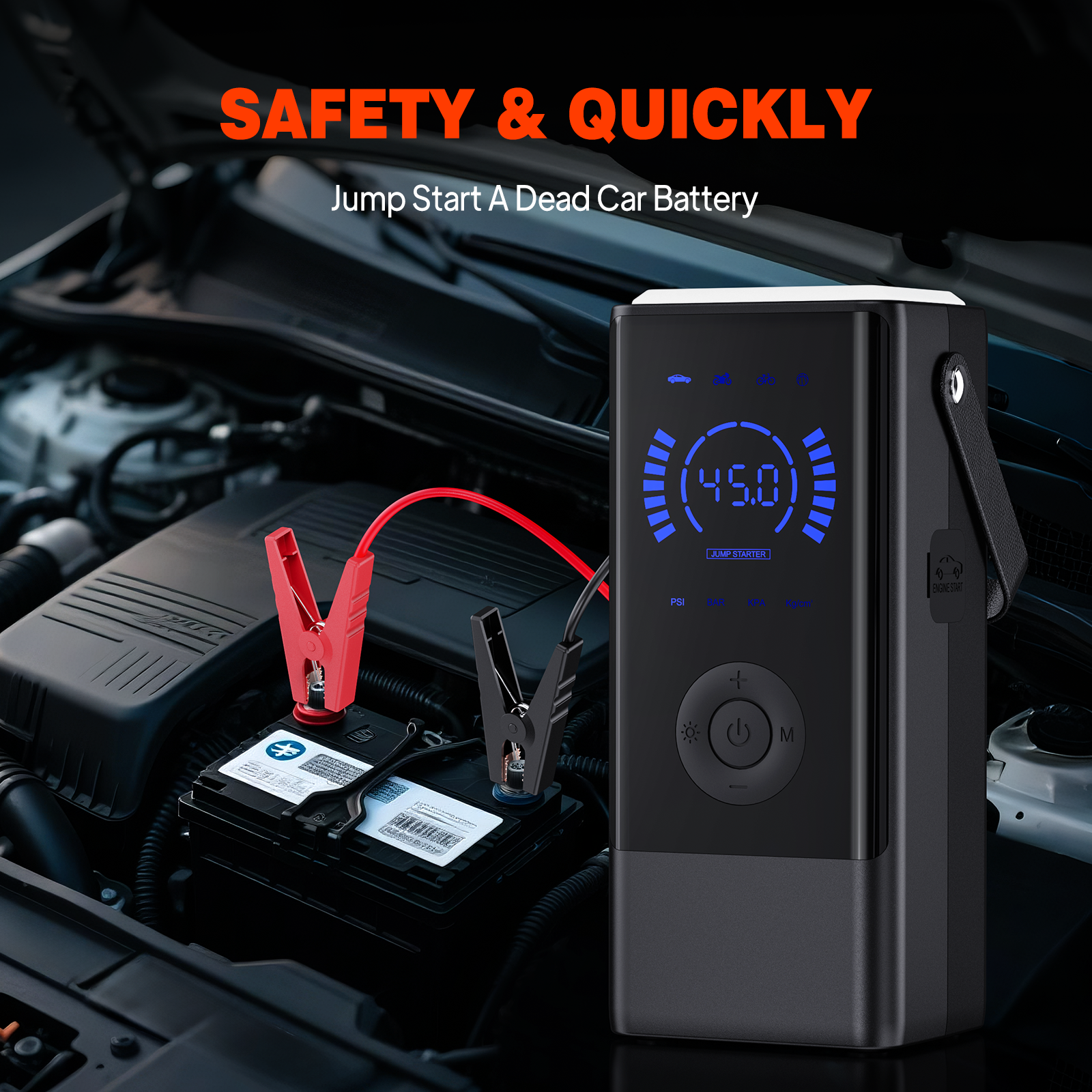 Custom OEM Car &amp; Motorcycle Jump Starter Power Bank 8000mAh Jump Starter With Air Compressor With Air Inflator