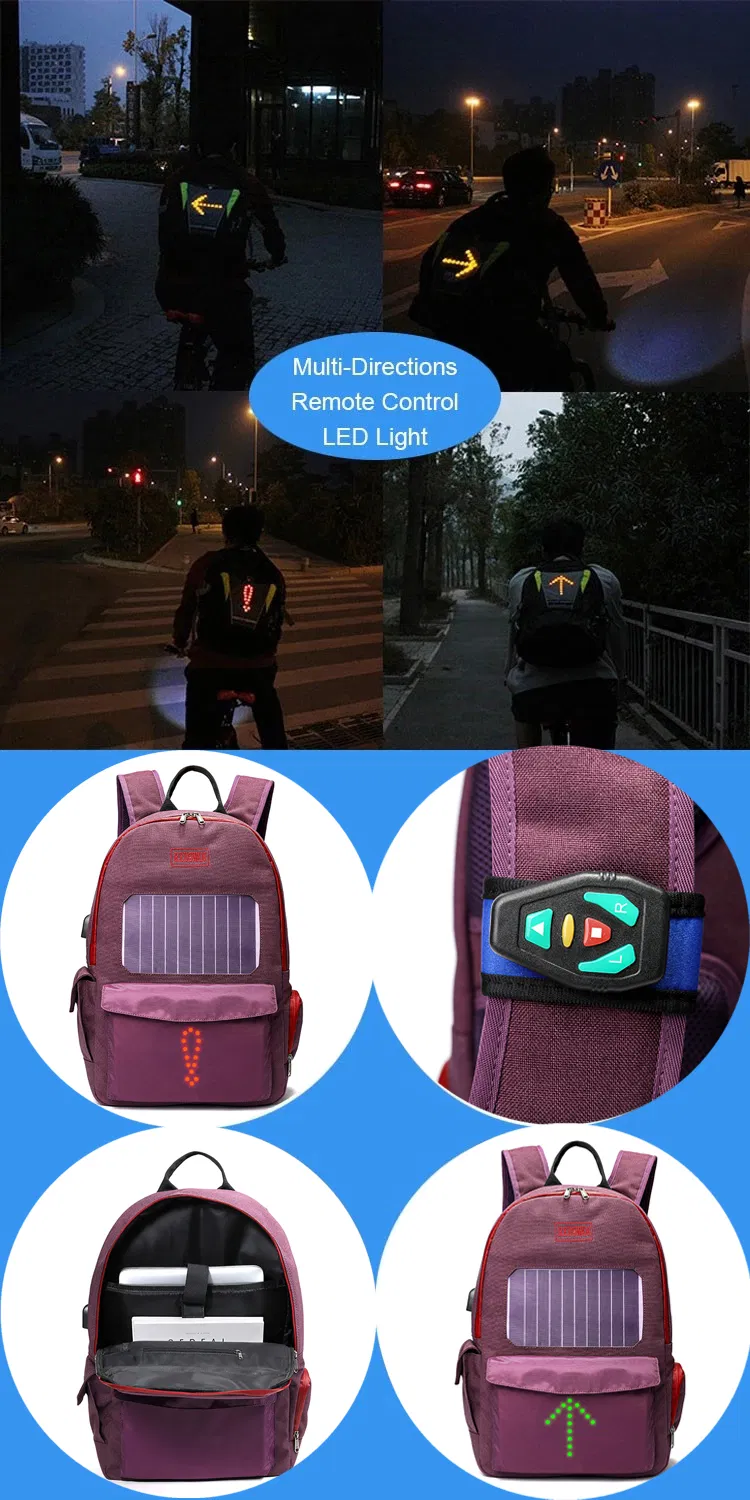 Water Proof Nylon Turn Signal LED Flash Backpack with Solar Panel Charging Phone (RS-190204-4)