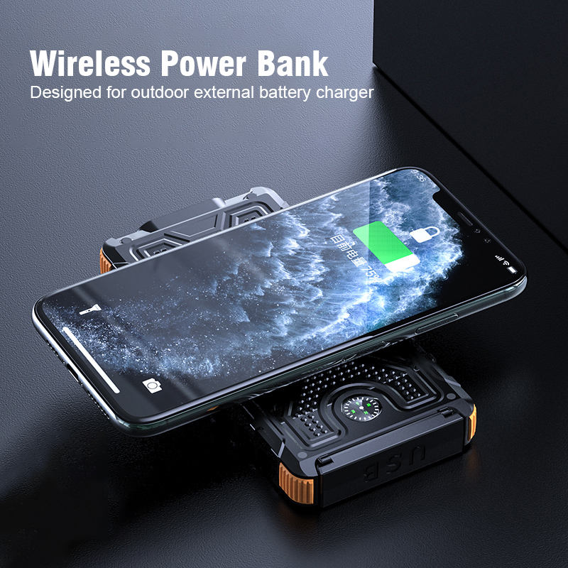 Solar Power Bank Wireless Charging PD QC Fast Charge Portable Charger Outdoor Power Bank With Emergency Camping LED Indicator