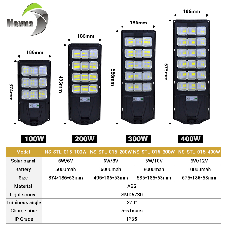 High Quality ABS IP65 6500K Road Lamp 100W- 400W High Brightness Radar Human Body Sensing Outdoor LED Solar Street Lights