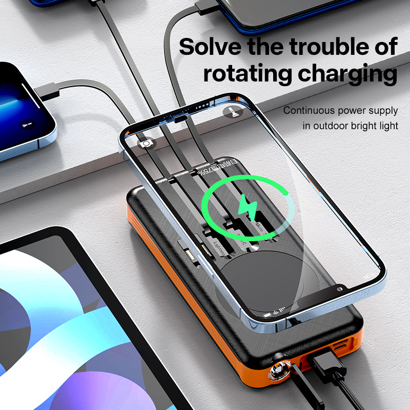 2025 Factory-made Emergency Flashlight Dustproof Outdoor Solar Power Banks Self-contained 4 Wires Support Fast Charging