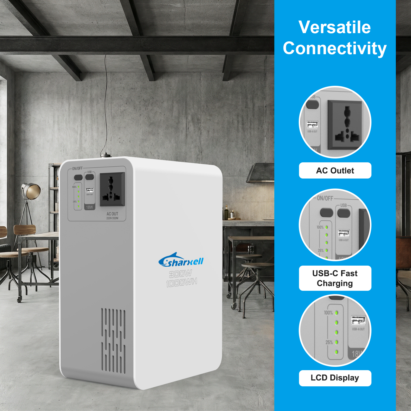 Portable 1000wh-300w Power Station with Fast Charging Lithium Battery for Outdoor Use with Solar Panel Power Source DC Features