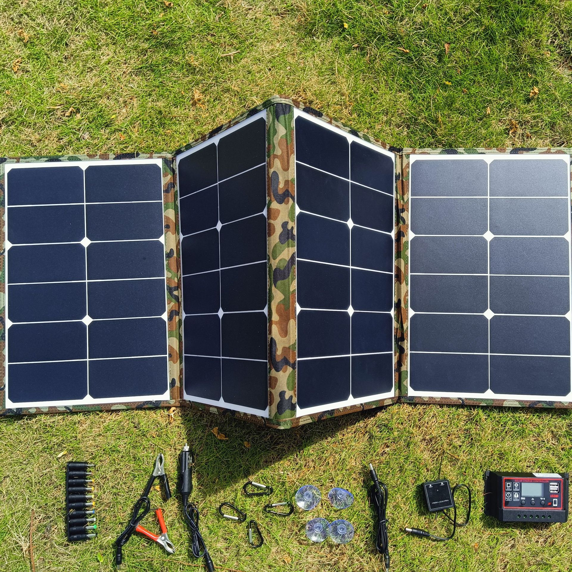 Portable 20W Foldable Solar Panel with 21% Efficiency for Outdoor Mobile Phone Fast Charging Black Camouflage Color for Bags