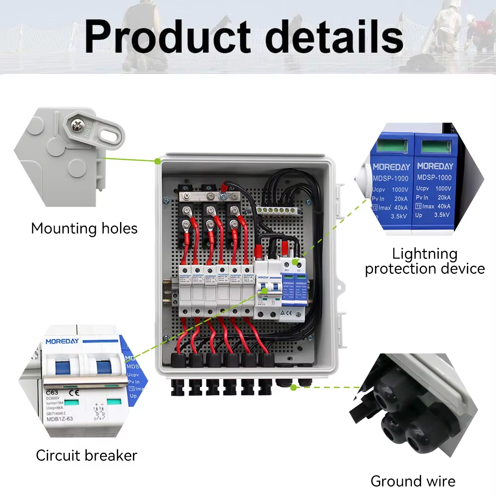 Moreday PV Junction Combiner Box with Lightning Arrester IP65 Waterproof Metal Box DC Solar Array Power Panel Factory Sales