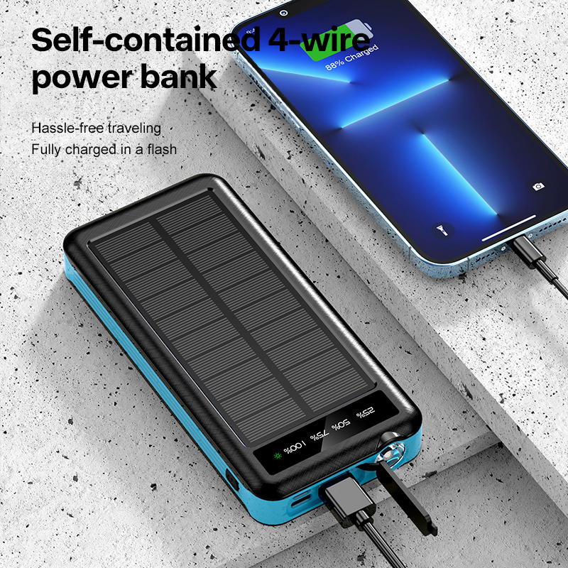 2025 Factory-made Emergency Flashlight Dustproof Outdoor Solar Power Banks Self-contained 4 Wires Support Fast Charging