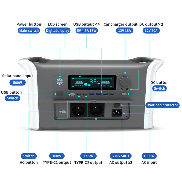 High Capacity Outdoor Camping Emergency Portable Power Stations 1000W Solar Power Station 2000W Power Generators