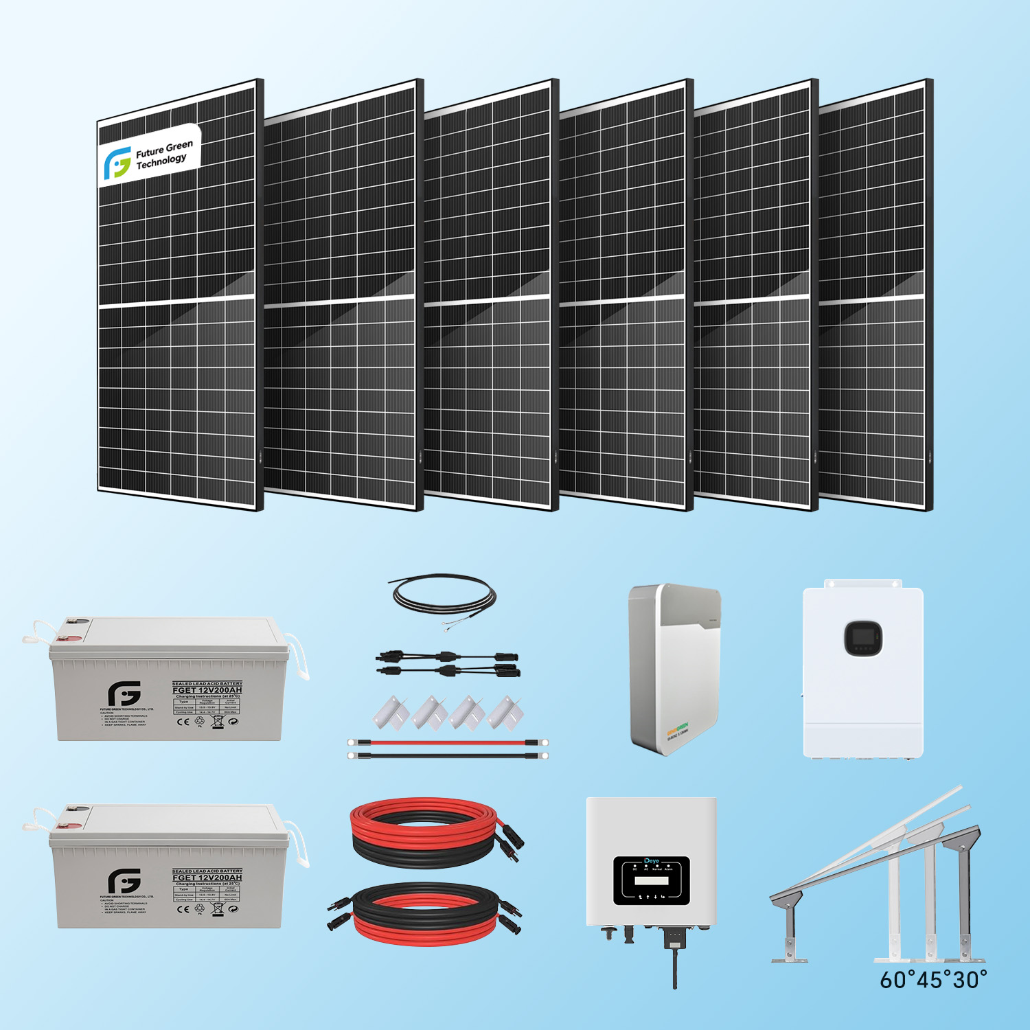 FGET Off-Grid Home 10KW Roof Mounting Split Inverter 51.2V 300ah Lithium Battery 600W Solar Panel Solar Power System