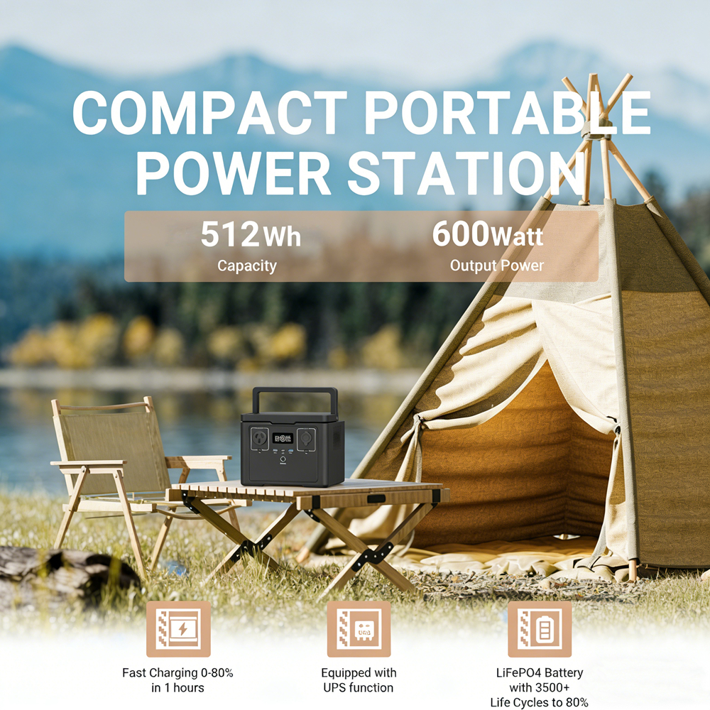 600W Portable Power Station 512Wh LiFePO4 Lithium Battery Power Bank Solar Generator Emergency Energy Storage Power Supply
