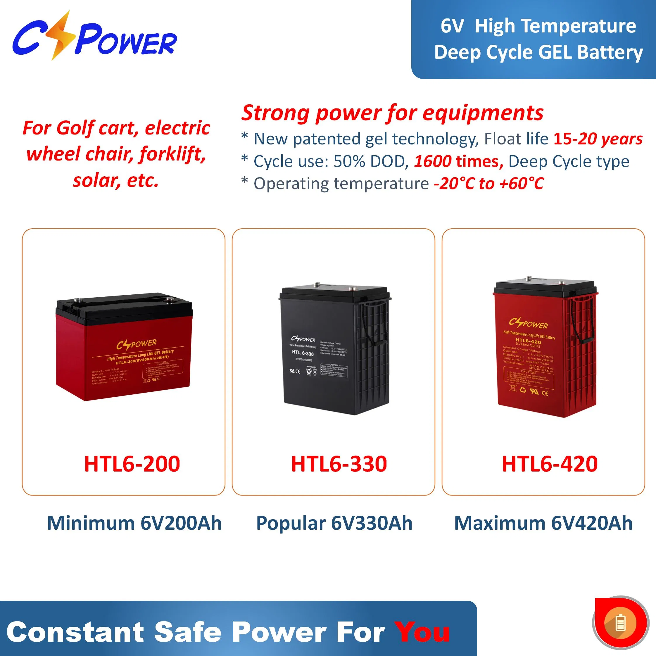 Cspower Battery Deep Cycle Gel 6V220ah Battery Golf Cart, Sweeper, Solar Storage