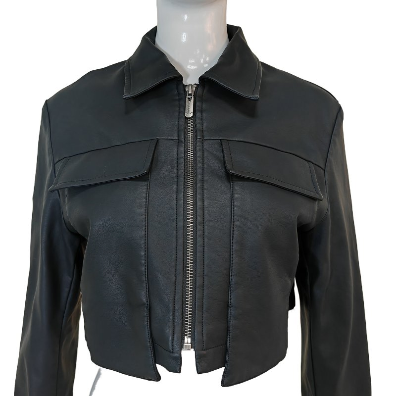 Women's Black Faux Leather Cropped Biker Jacket Collared Zip-up Streetwear Coat
