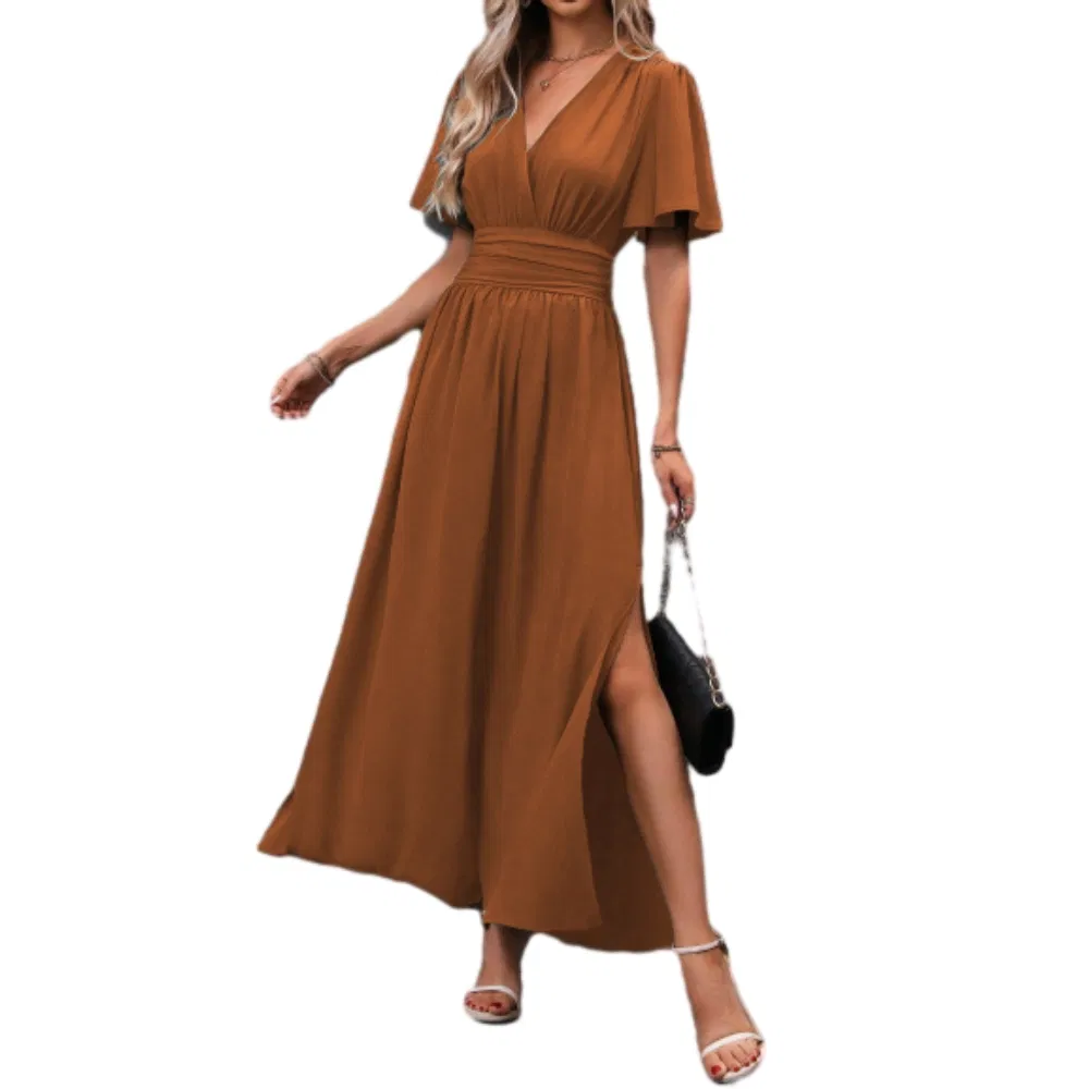 Hot-Selling Elegant 2025 New Flutter-Sleeve V-Neck Ruched-Waist Side-Slit Solid-Color Maxi Dress