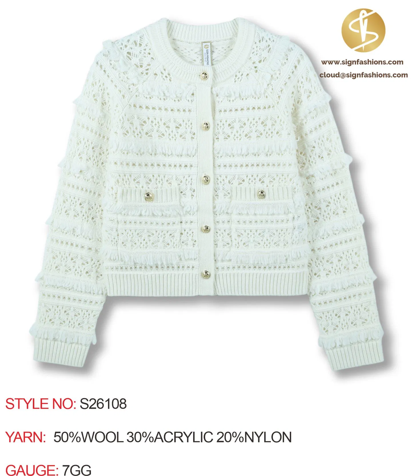S26108 Women's Crewneck Raglan Sleeve Eyelet Cardigan Fw26
