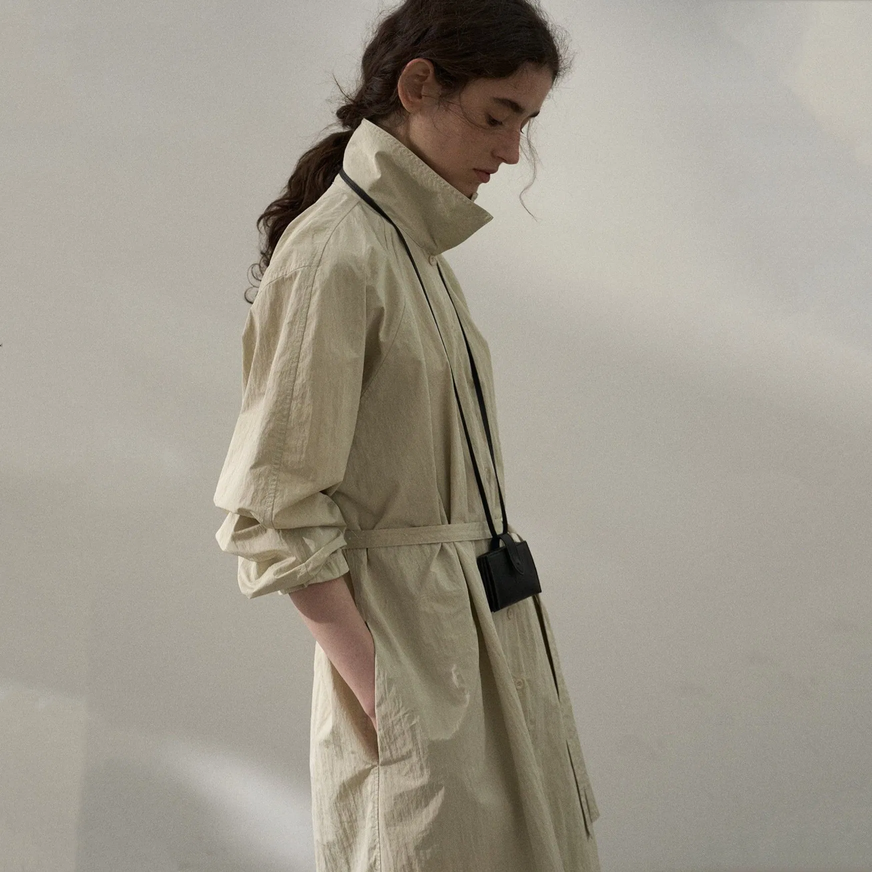 Glossy Wrinkled Long Trench Coat Stand Collar Coat Autumn