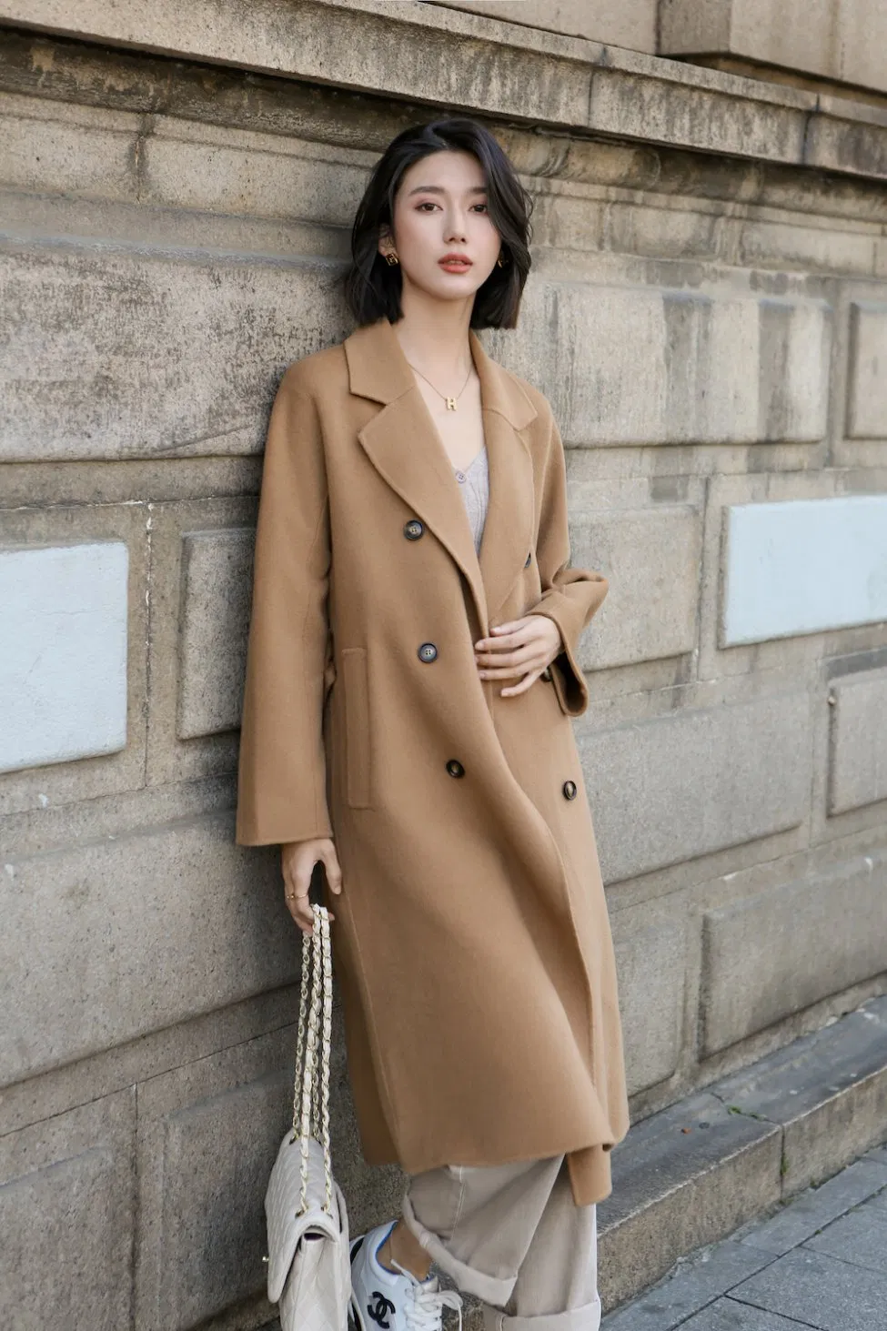 Customized Long Wool Coat Elegant Cashmere Winter with Belt for Women