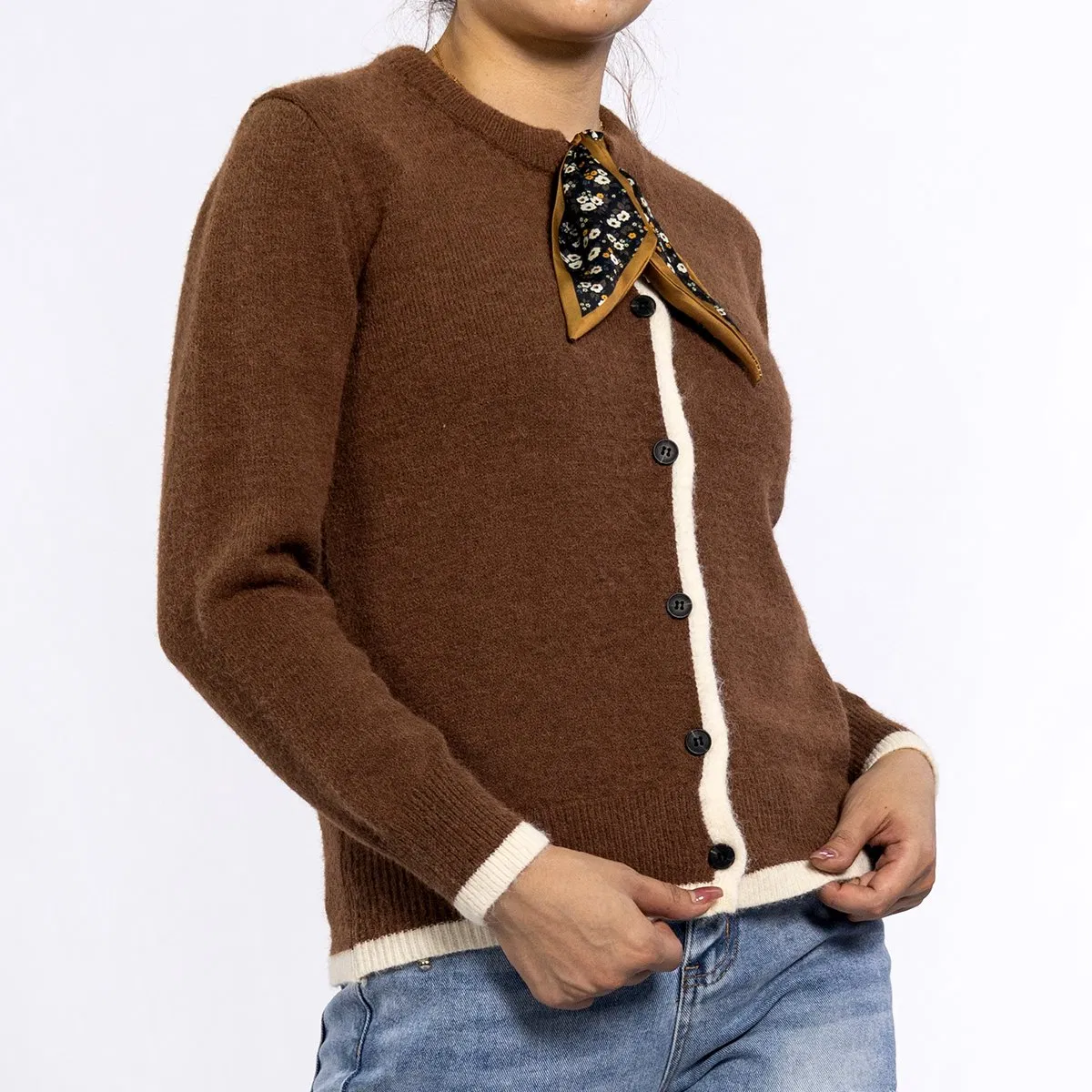 Autumn Curry Silk Scarf Neckline Cashmere Knitted Sweater Cardigan for Women