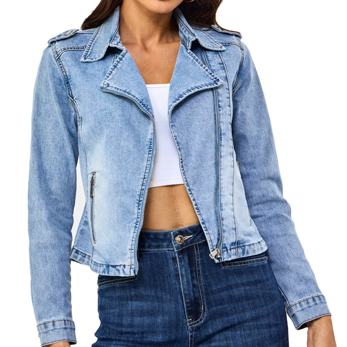 Custom New Design Collar Down Zipper Closure Bleach Washed Long Sleeve Women Denim Jacket