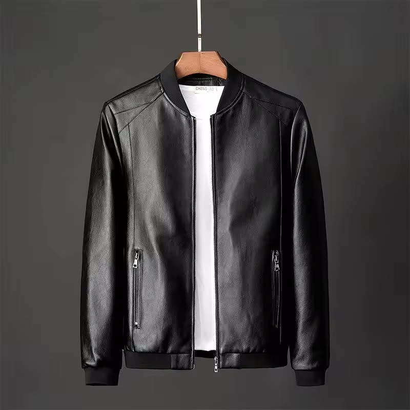Stylish Men's Leather Motorcycle Jacket with Standing Collar