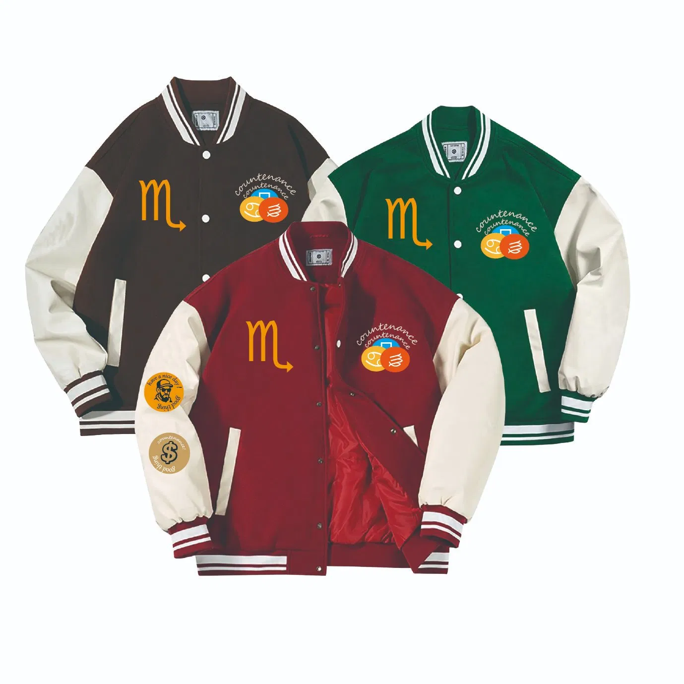 Varsity Bomber Jacket with Zodiac Sign and Badges on Green