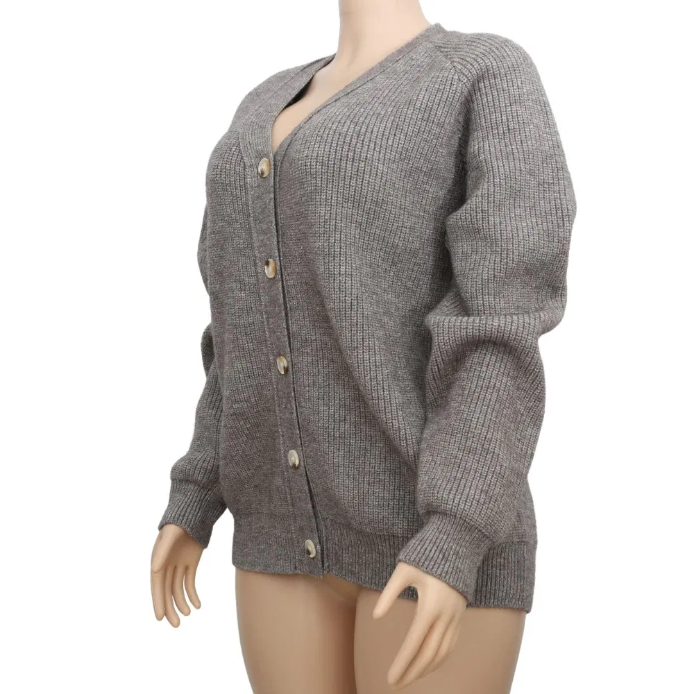 42% Acrylic 28% Nylon 30% Polyester, Gauge 7, Loose Winter V-Neck Open Placket Classical Women Stylish Knitted Sweater Cardigan