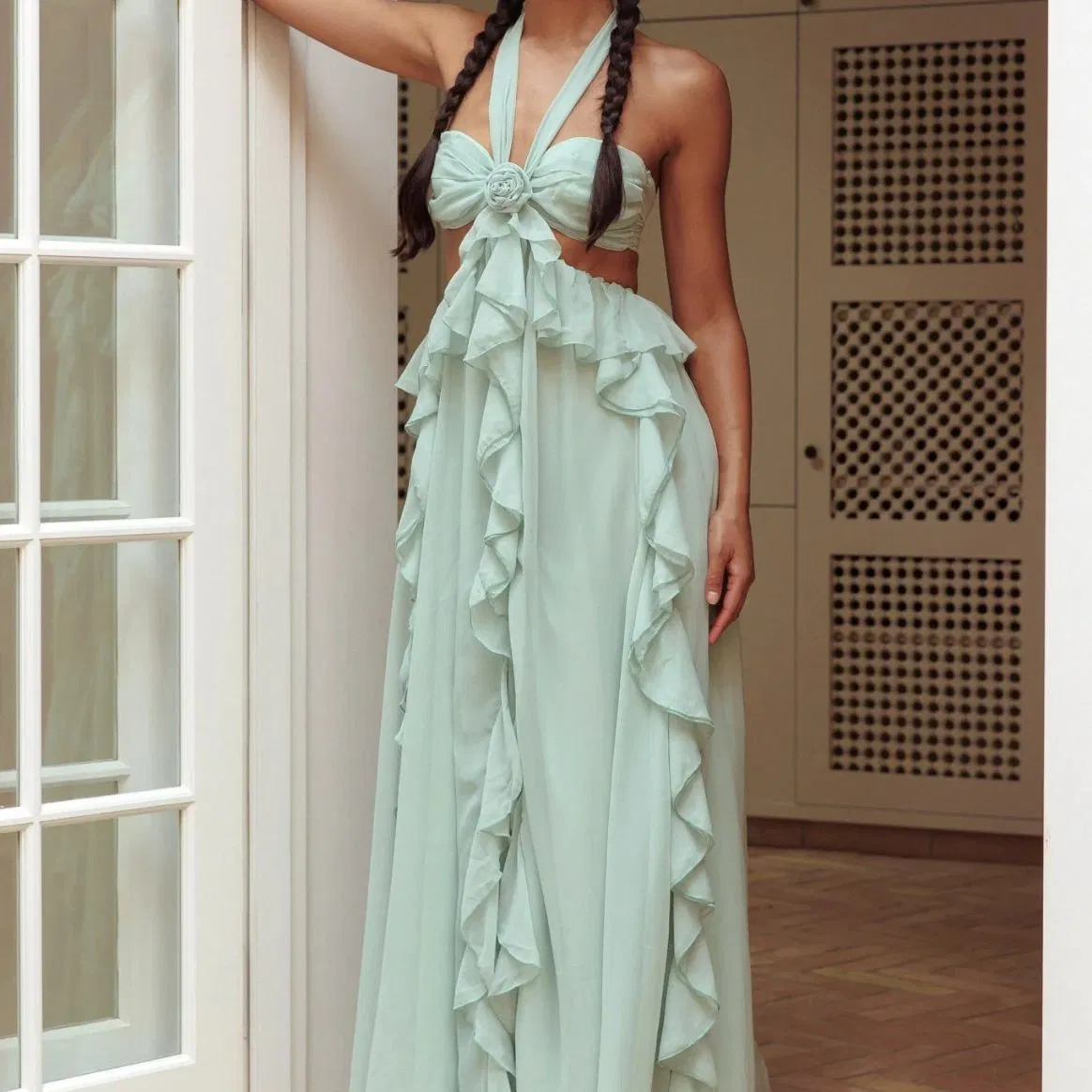 Lady's Mint Green Chiffon Halter-Neck Sexy Backless Layered Ruffled Skirt Stylish Women's Holiday Beach Party Maxi Dress