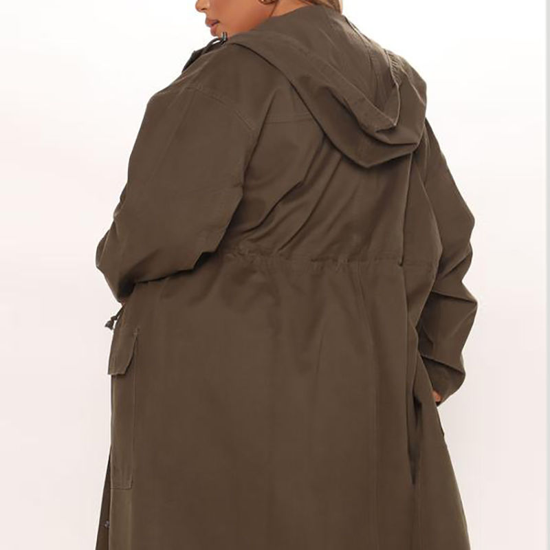 Women Basic Cotton Hooded Waist Drawstring Loose Fit Long Duster Trench Coat