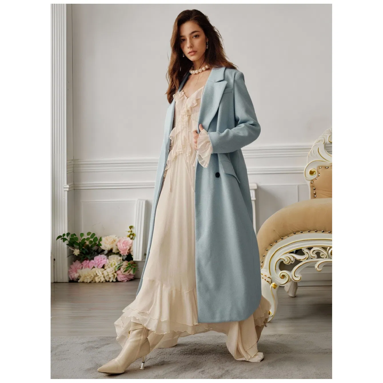 Sky Blue Belted Longline Wool Blend Winter Trench Coat